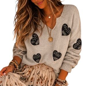 Chicwish Light Gray Embroidered Black Heartbeat Pullover Sweater Small Medium